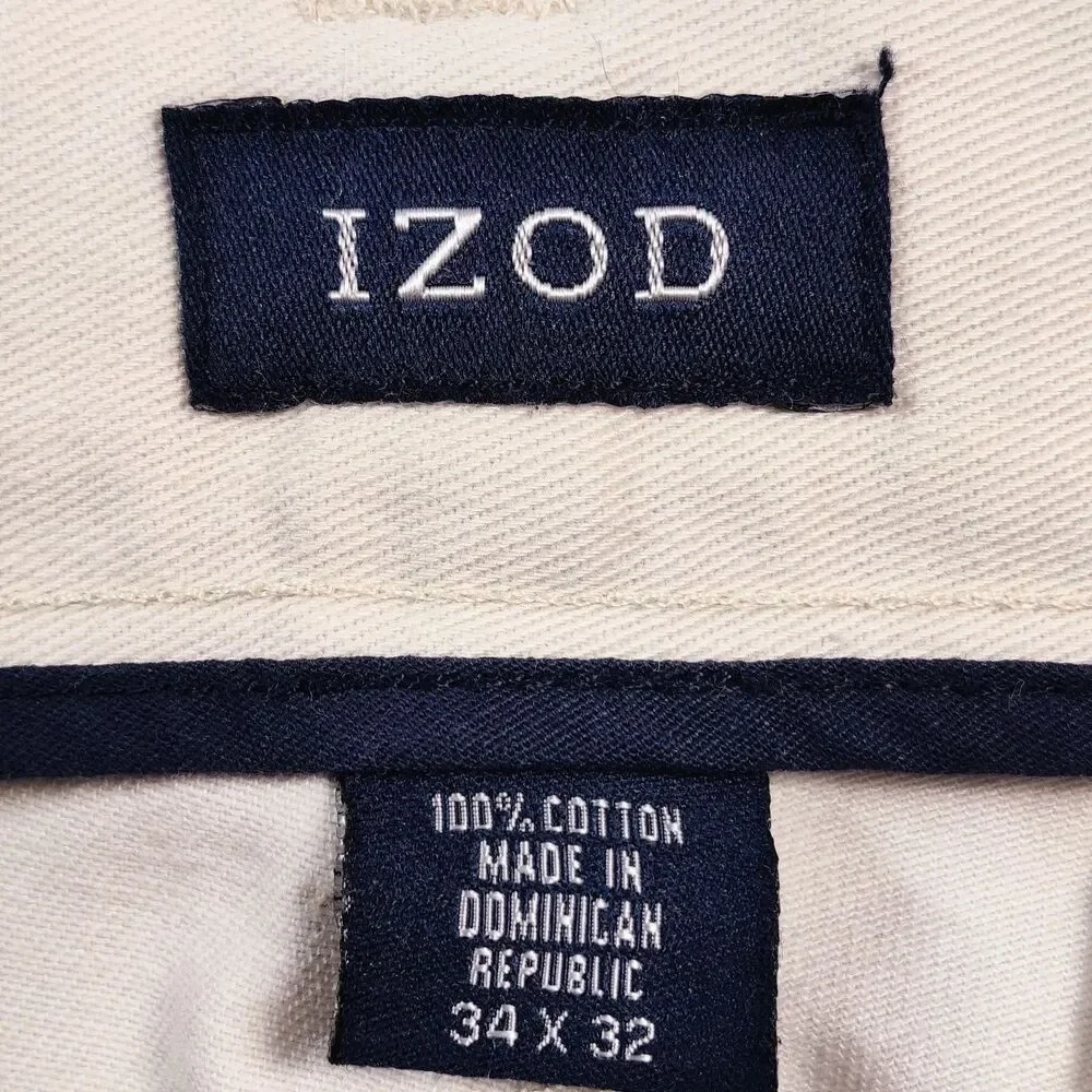 IZOD Men’s Khaki Chino Pants 34x32 Beige Pleated Cotton Dress Casual